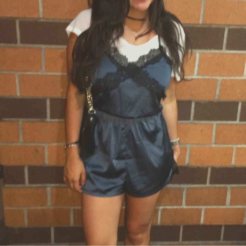 LF Slate Blue Silk and Lace Romper